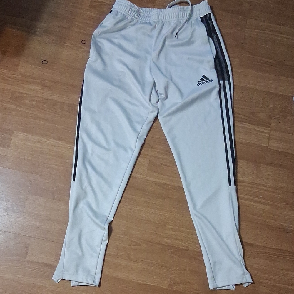 Adidas White Ankle Zip Joggers with Black Stripes